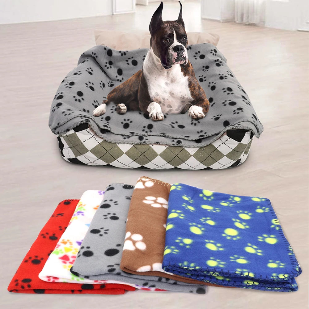 Washable Soft Dog Blanket with Paw Print – Bed Mat & Towel for Pets