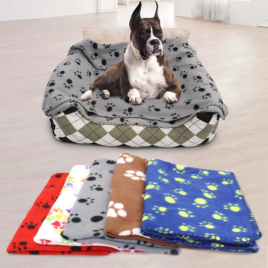 Washable Soft Dog Blanket with Paw Print – Bed Mat & Towel for Pets